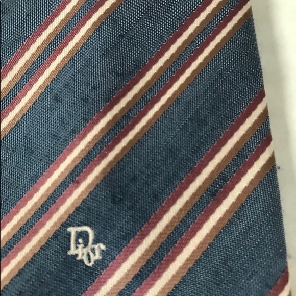 DIOR Tie Denim Blue Rose Tan Cream Skinny Striped - Picture 9 of 11
